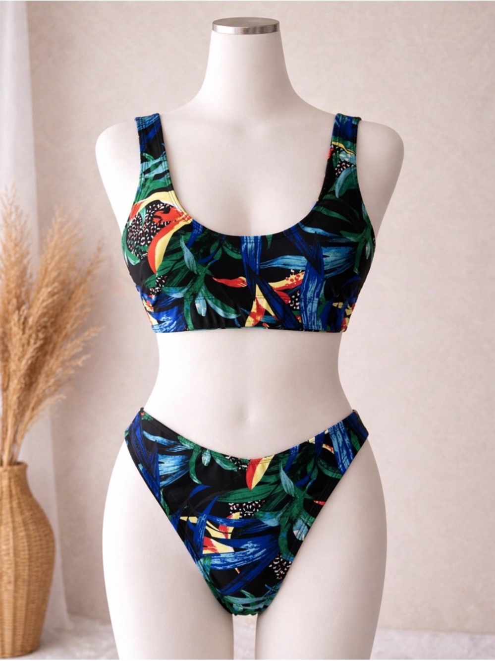 Nasty Gal Black Bikini Set with Blue & Green Tropical Leaf Print